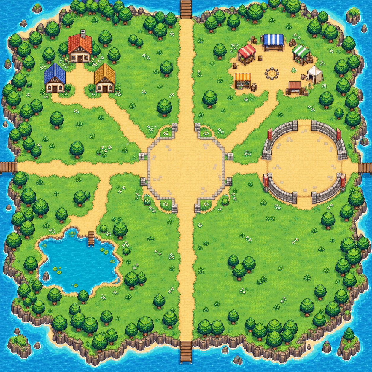 A spacious pixel world with meadows, village, market, pond, and arena